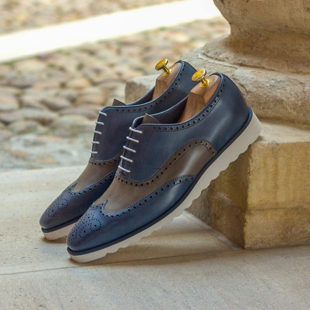 Men's Full Brogue Shoes Leather Grey Blue 3013 1- MERRIMIUM--GID-1378-3013