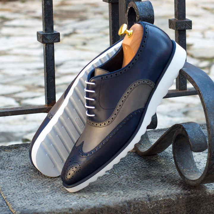 Men's Full Brogue Shoes Leather Grey Blue 3013 4- MERRIMIUM