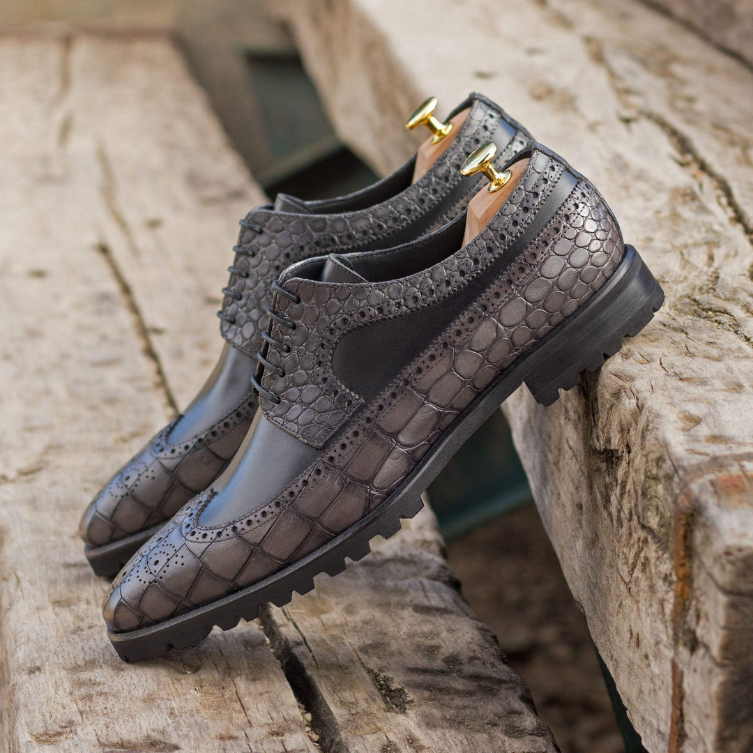 Men's Longwing Blucher Shoes Leather Black Grey 5222 1- MERRIMIUM--GID-1537-5222