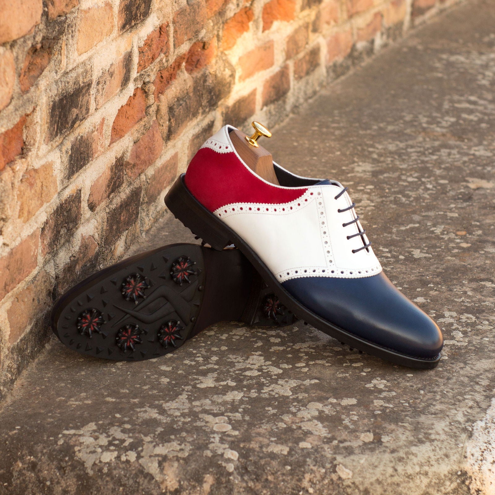Men's Saddle Golf Leather Shoes Wide Plus Size White Blue 3659  MERRIMIUM