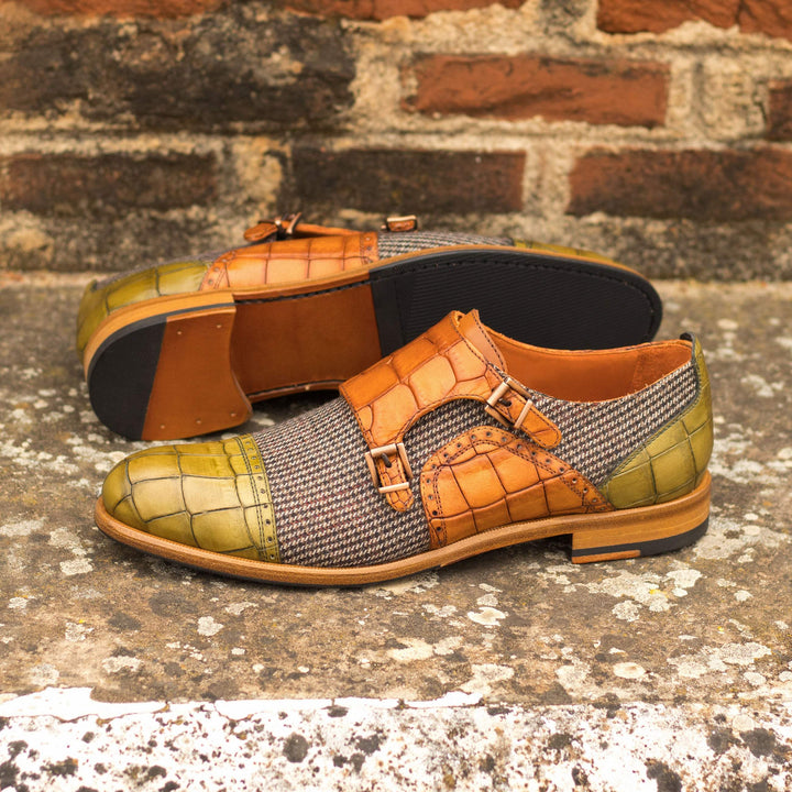 Women's Double Monk Shoes Leather Goodyear Welt Brown Green 4762 1- MERRIMIUM--GID-2341-4762