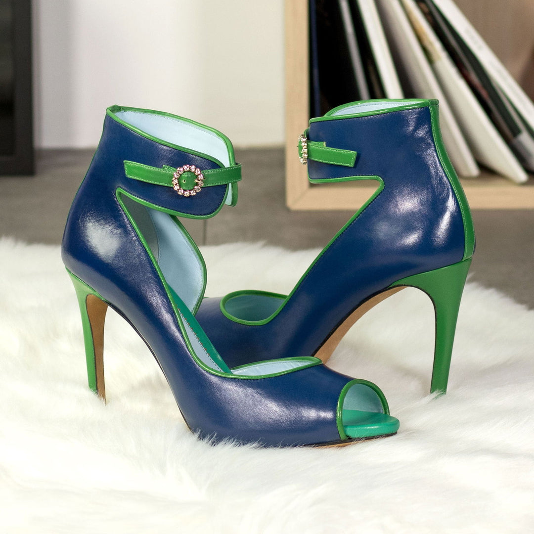 Women's Ibiza Ankle Strap Leather Heels Wide Plus Size Deep Blue Clover Green 5753 1 MERRIMIUM