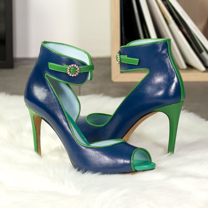 Women's Ibiza Ankle Strap Leather Heels Wide Plus Size Deep Blue Clover Green 5753 1 MERRIMIUM