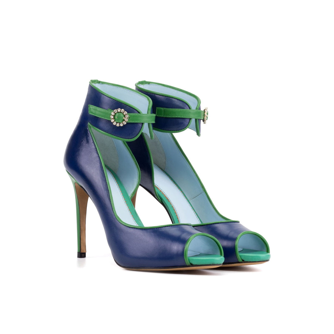 Women's Ibiza Ankle Strap Leather Heels Wide Plus Size Deep Blue Clover Green 5753 4 MERRIMIUM