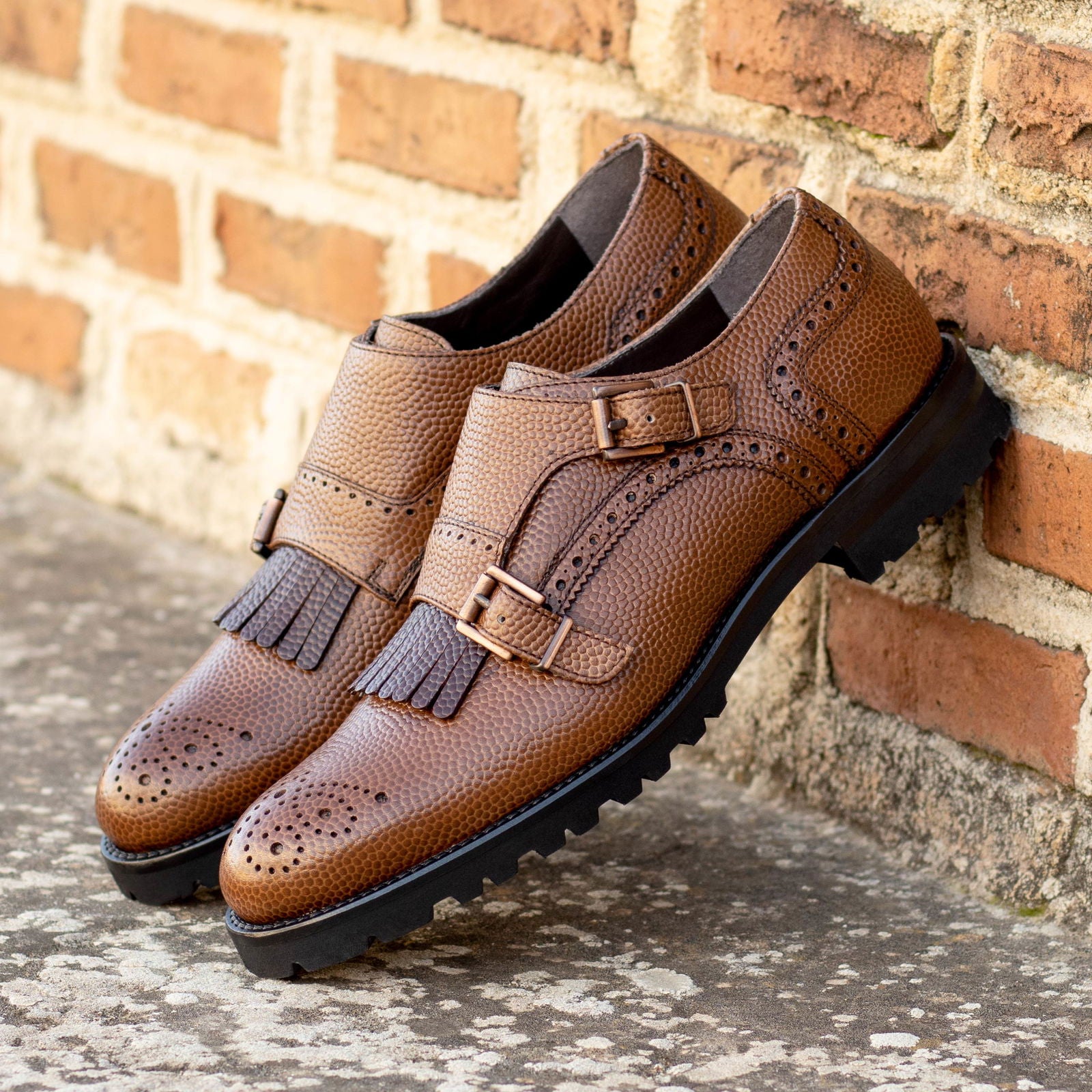 Brown Leather Kiltie Monk Strap Dress Shoes Wingtip Brogue Kiltie Monk Strap Shoes- Brown - Lethato main image 4