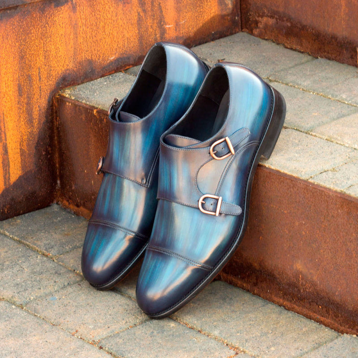 Men's Double Monk Shoes Patina Leather Wide Plus Size Blue 2576 1 MERRIMIUM