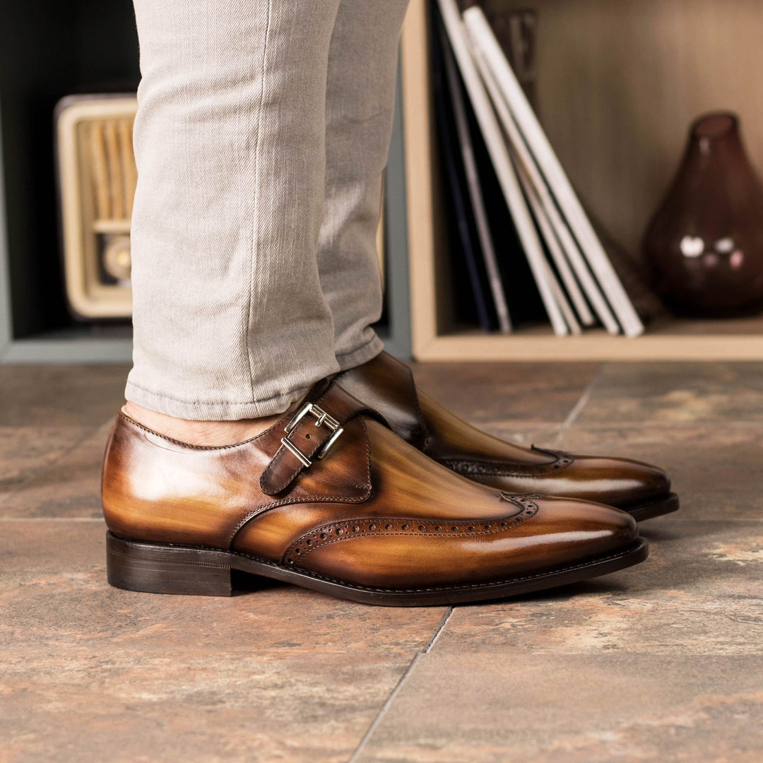 Men's Single Monk Shoes Patina Leather Goodyear Welt Wide Plus Size Brown 5376 2 MERRIMIUM