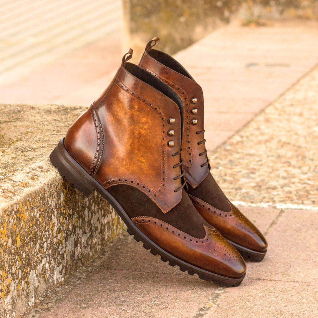 Men's Military Brogue Boots Patina Leather Wide Dark Brown Brown 2976 1 MERRIMIUM