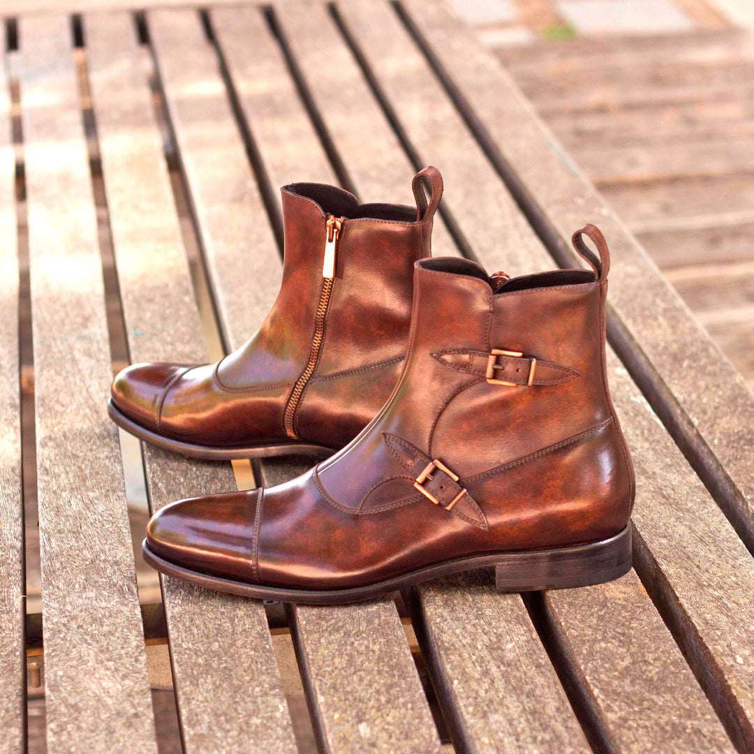 Men's Octavian Buckle Boots Patina Leather Wide Plus Size Dark Brown 3030 1 MERRIMIUM