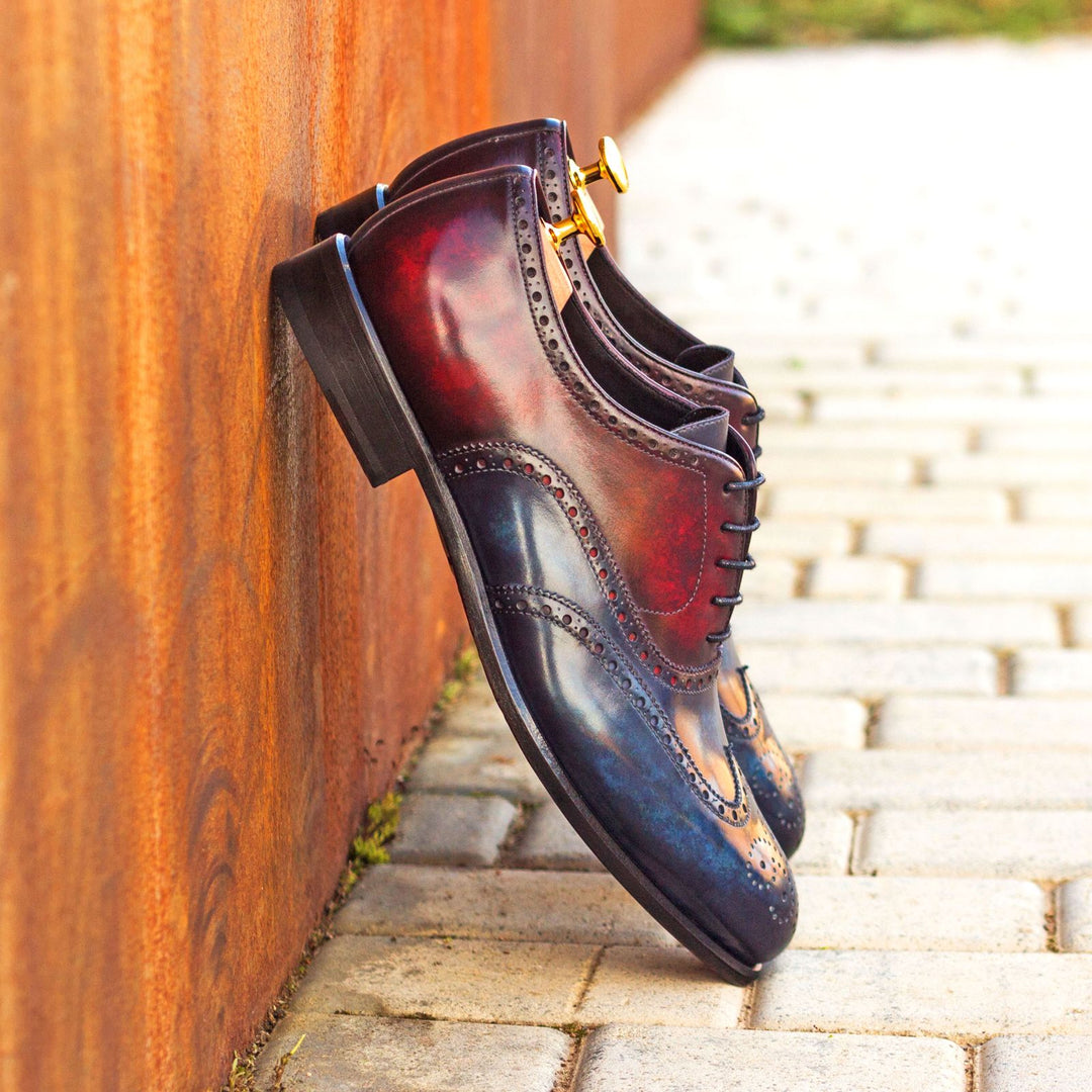 Men's Full Brogue Shoes Patina Leather Wide Plus Size Blue Burgundy 3200 1 MERRIMIUM