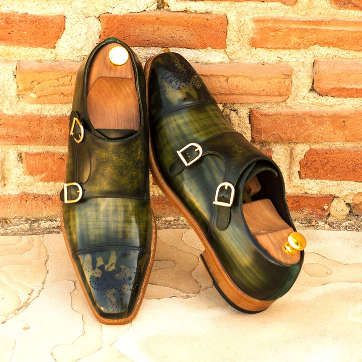 Men's Double Monk Shoes Patina Leather Wide Plus Size Green 3615 1 MERRIMIUM