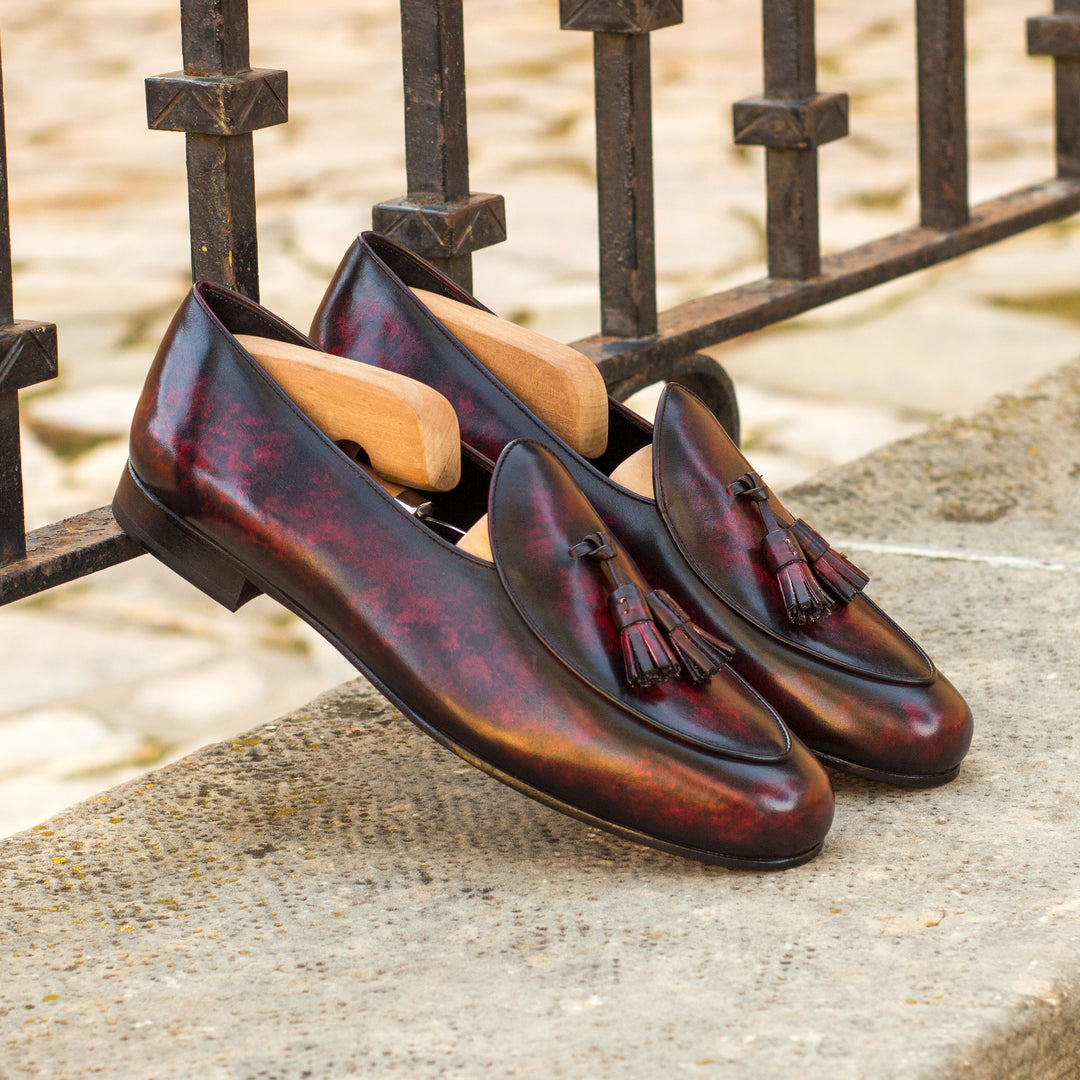 Men's Belgian Slippers Patina Leather Wide Plus Size Burgundy 3692 1 MERRIMIUM