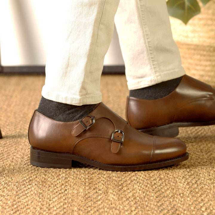 Men's Double Monk Leather Shoes Goodyear Welt Wide Plus Size Brown 5325 5 MERRIMIUM