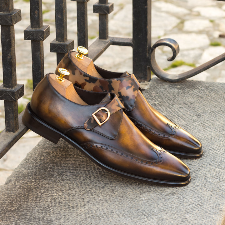 Men's Single Monk Shoes Patina Leather Wide Plus Size Brown 4719 1 MERRIMIUM