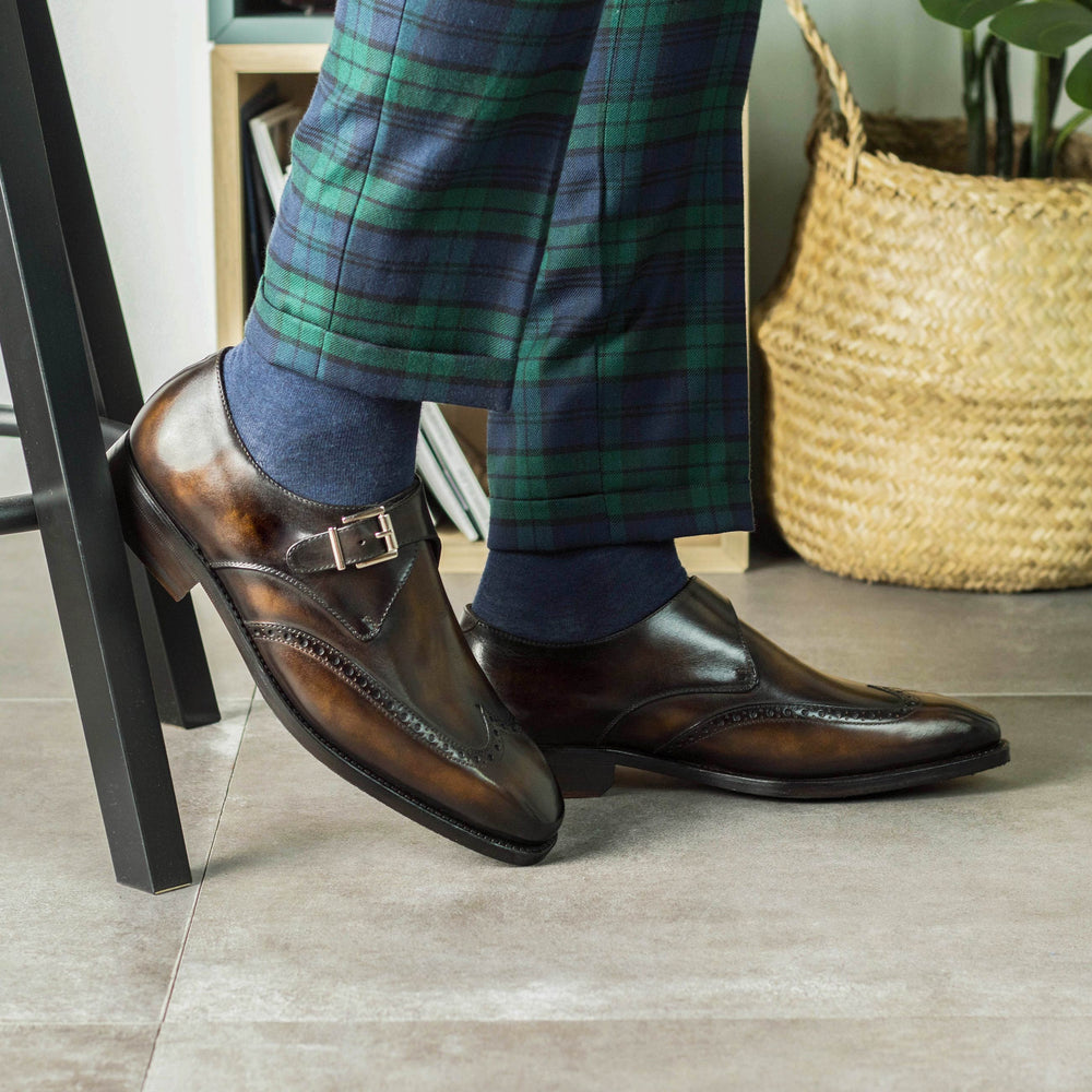 Men's Single Monk Shoes Patina Leather Goodyear Welt Wide Plus Size Brown 5345 2 MERRIMIUM