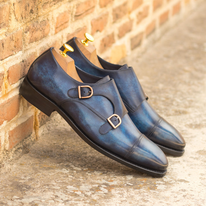 Men's Double Monk Shoes Patina Leather Goodyear Welt Wide Plus Size Blue 4811 1 MERRIMIUM