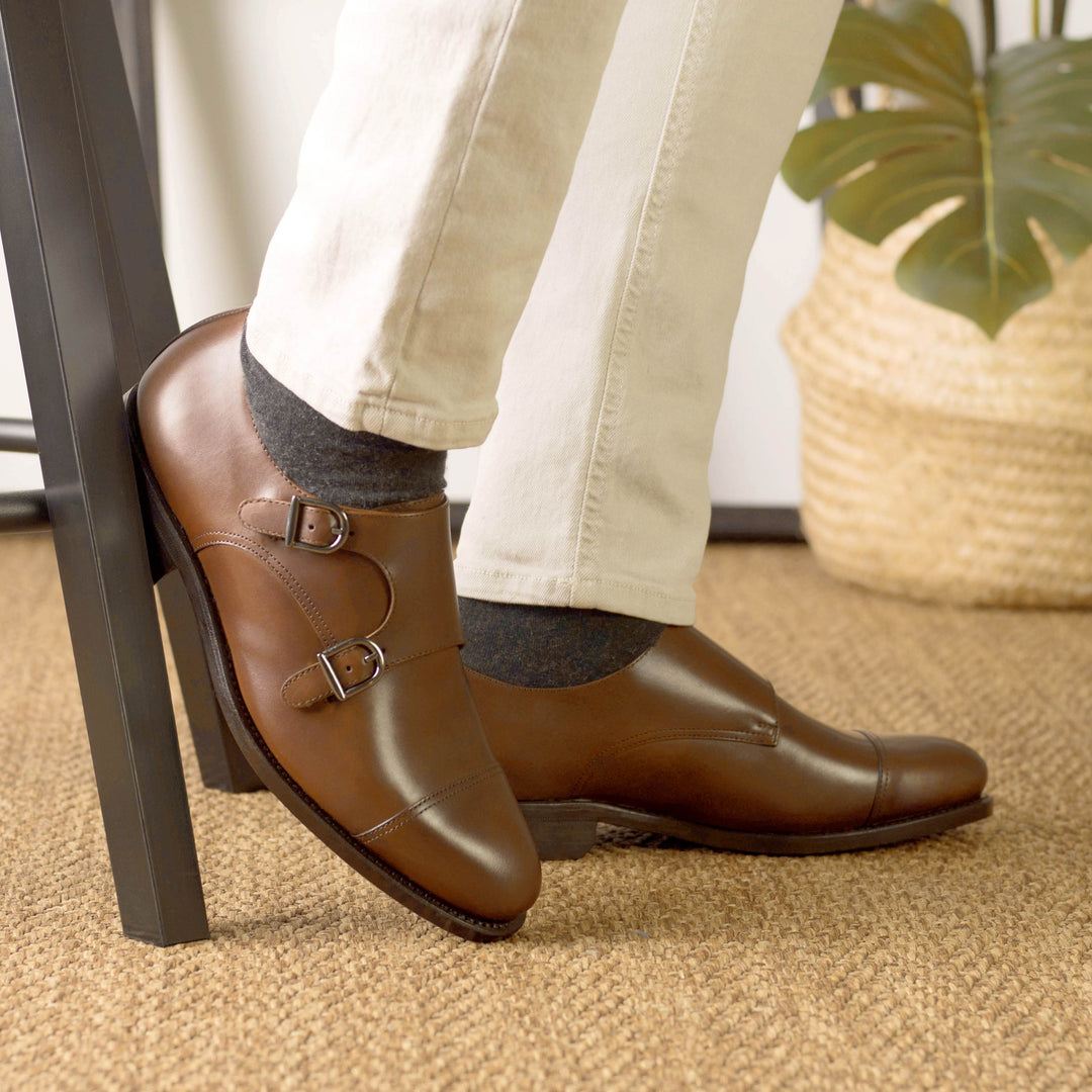 Men's Double Monk Leather Shoes Goodyear Welt Wide Plus Size Brown 5325 1 MERRIMIUM