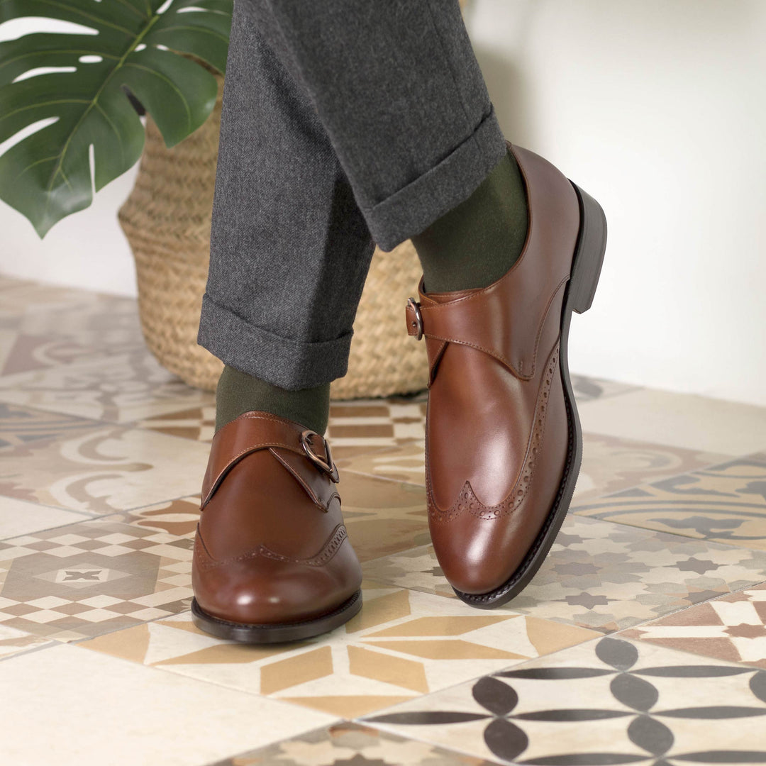 Men's Single Monk Leather Shoes Goodyear Welt Wide Plus Size Brown 5639 1 MERRIMIUM