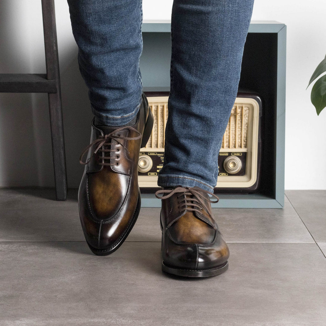 Men's Derby Split Toe Shoes Patina Leather Goodyear Welt Wide Plus Size Brown 5705 1 MERRIMIUM