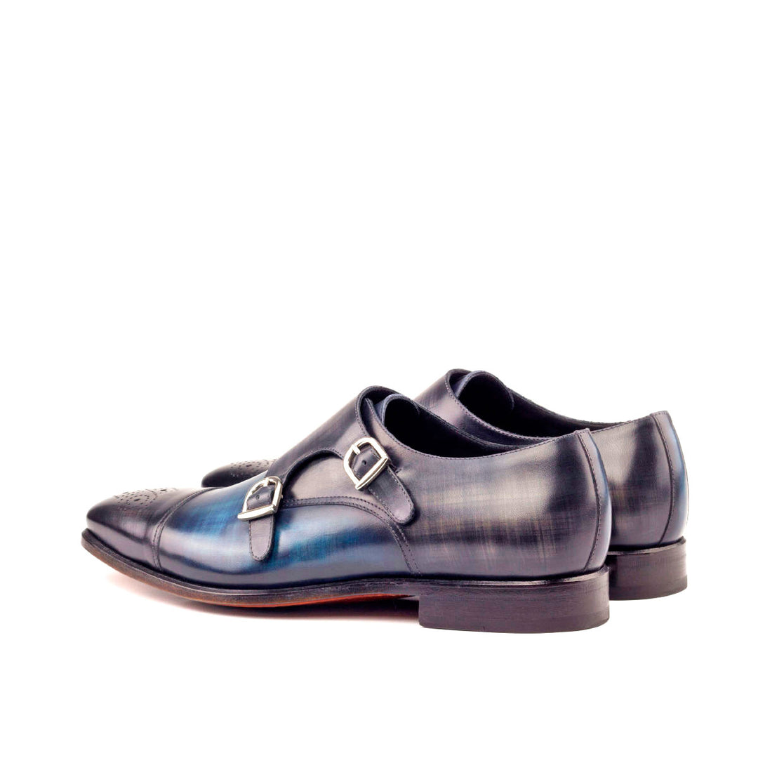 Men's Double Monk Shoes Patina Leather Wide Plus Size Blue Grey 2653 4 MERRIMIUM