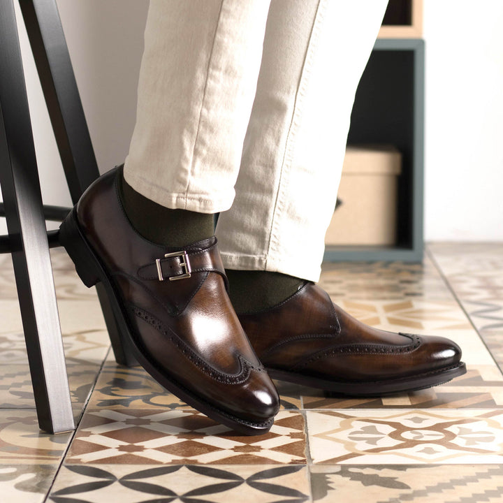 Men's Single Monk Shoes Patina Goodyear Welt Wide Plus Size Brown 5744 5 MERRIMIUM