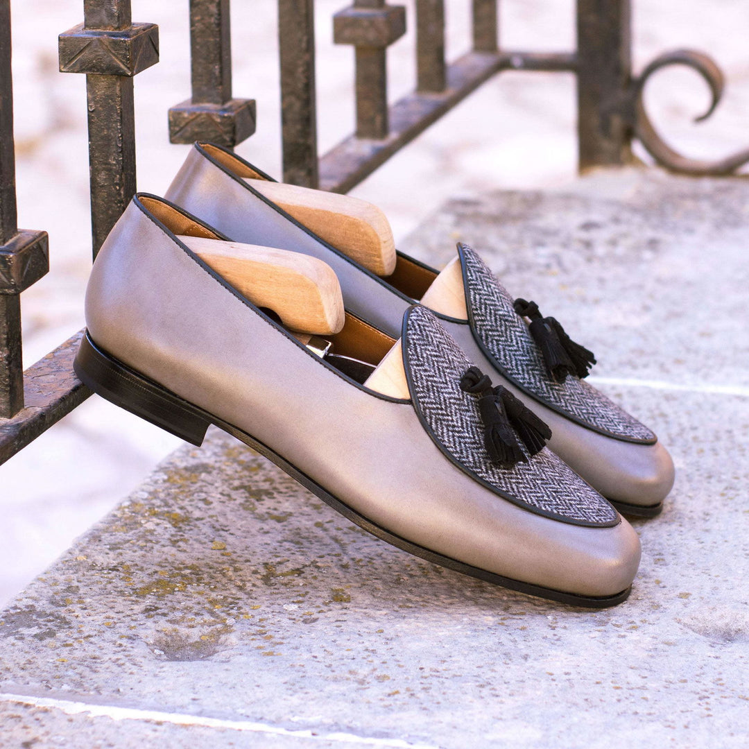Belgian Slipper-Kid Suede, Painted Calf, Sartorial, Black, Grey 1-MERRIMIUM-WS