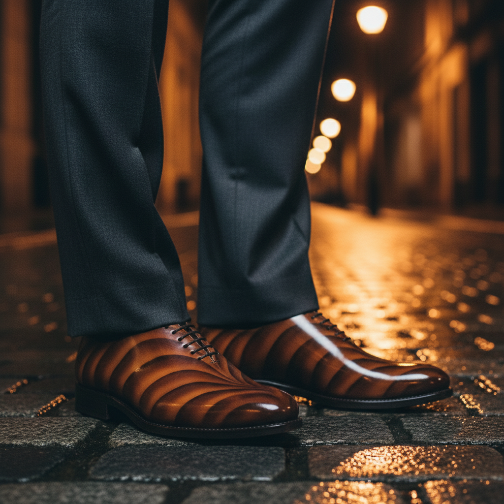 Close-up of brown leather MERRIMIUM shoes and dark pants on a wet street with blurred lights in the background