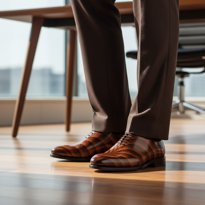 Person wearing brown MERRIMIUM dress shoes and pants in an office setting