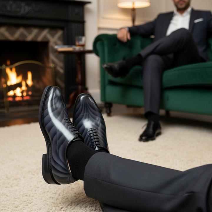 Person wearing MERRIMIUM Grey Dune Patina shoes in a living room with a fireplace and another person sitting on a green couch.