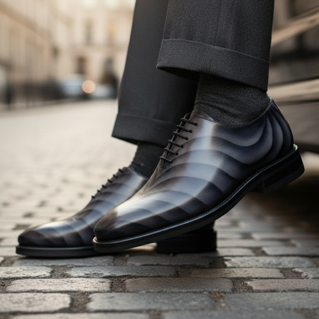 Black and gray patterned MERRMIUM dress shoes on a blurred street background