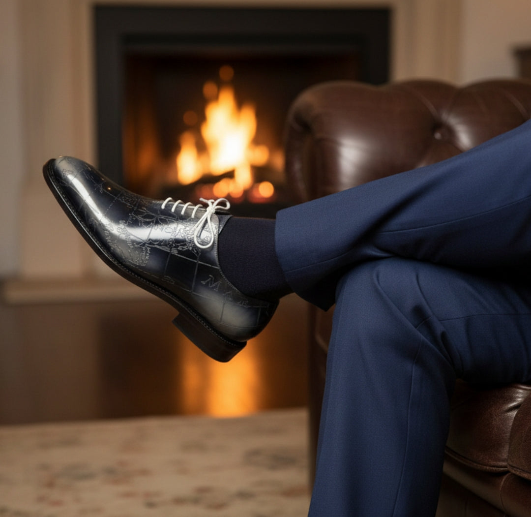Person wearing MERRIMIUM black shoes and blue pants sitting in a chair with a fireplace in the background