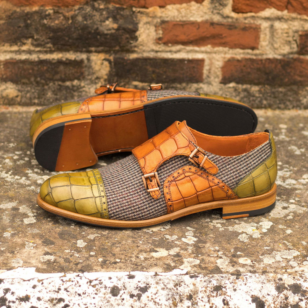Ladies' Double Monk-Painted Croco, Painted Calf, Sartorial, Green, Brown 1-MERRIMIUM-WS