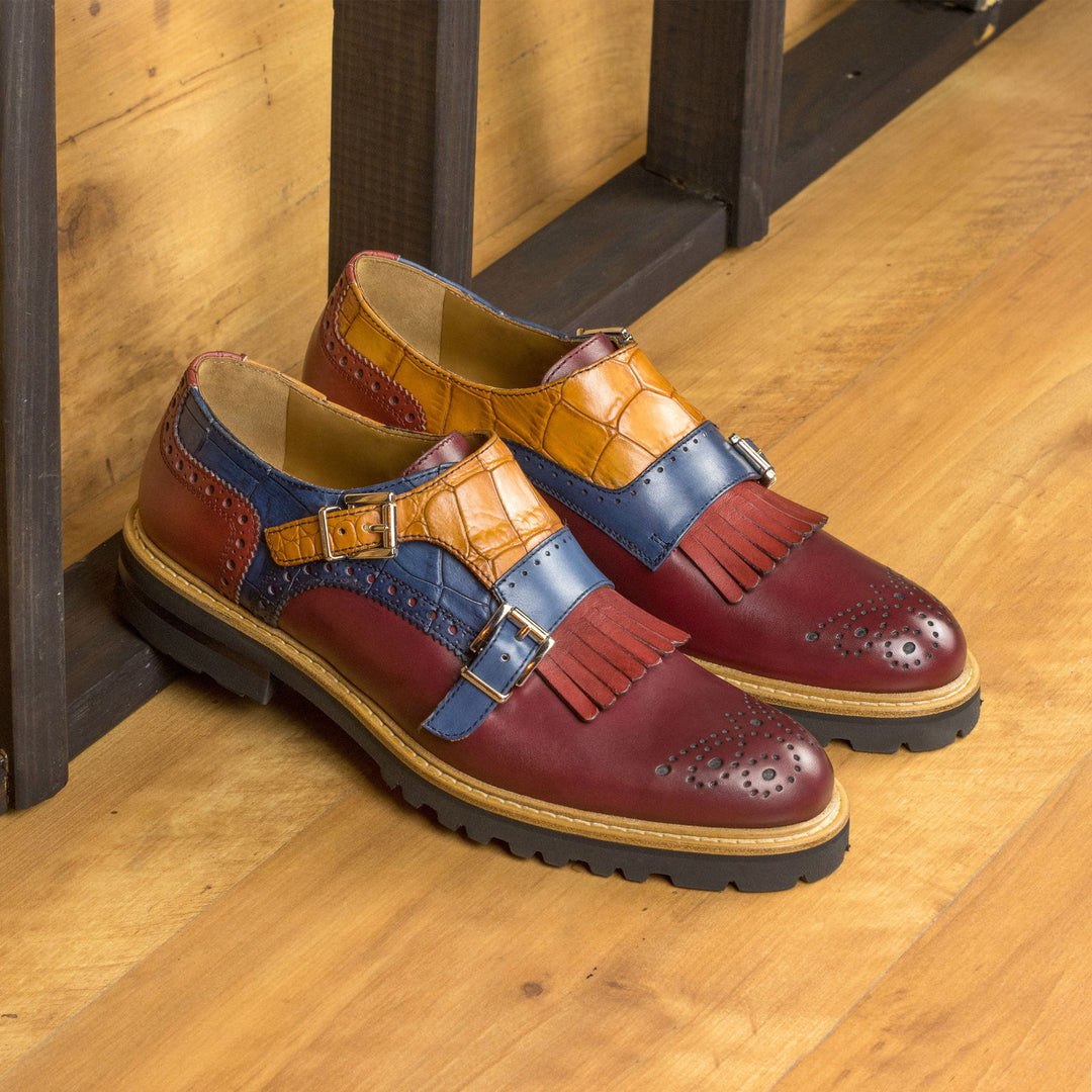 Ladies' Kiltie Monk Strap-Painted Croco, Painted Calf, Box Calf, Navy, Brown, Red, Blue, Burgundy 1-MERRIMIUM-WS