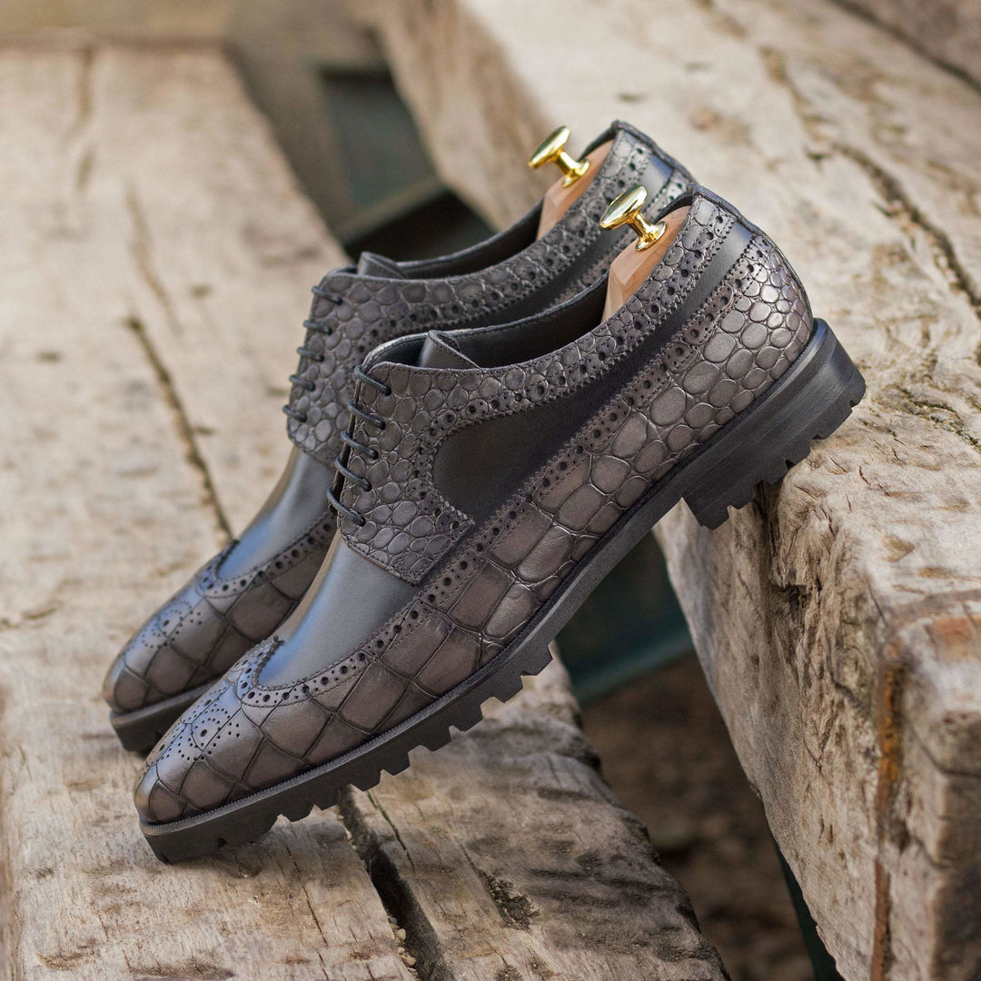 Longwing Blucher-Painted Croco, Box Calf, Grey, Black 1-MERRIMIUM-WS