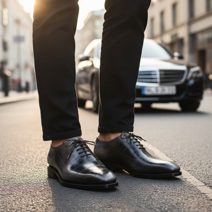 Person wearing MERRIMIUM black dress shoes and pants on a city street with a blurred car in the background.