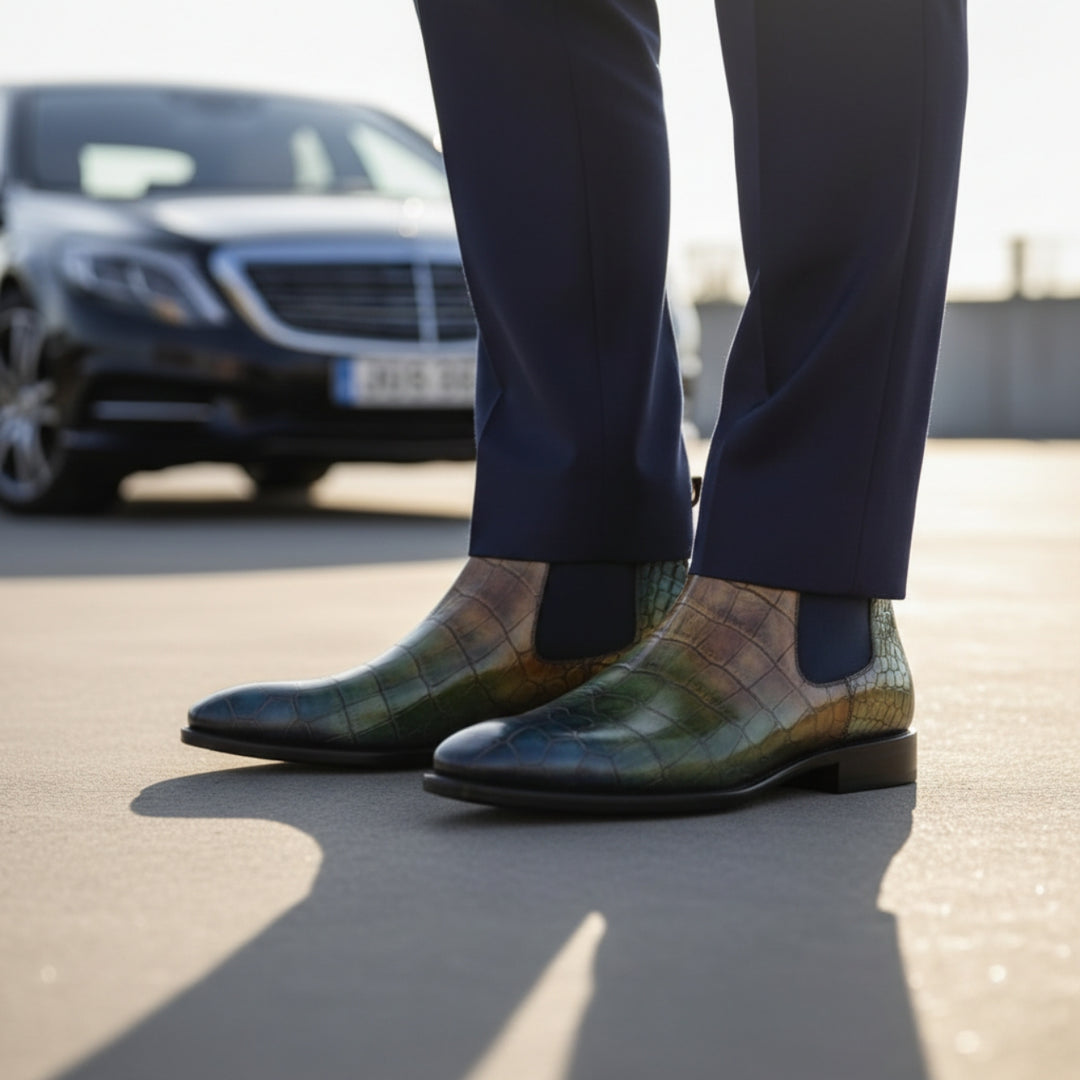Close-up of patterned MERRIMIUM BOOTS with a blurred car in the background