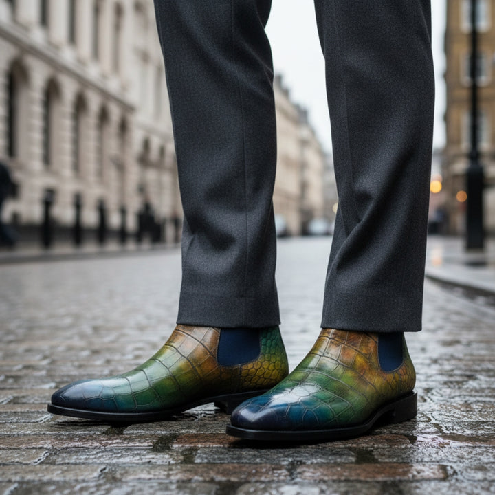 Multicolored MERRIMIUM boots on a person wearing dark gray pants standing on a city street.