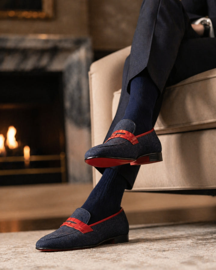 MERRIMIUM Men's Wellington Leather Slippers Wide Plus Size Blue Red 4800