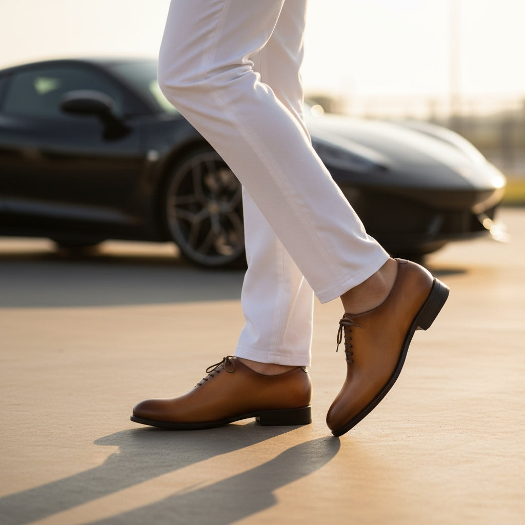 Person wearing brown MERRIMIUM shoes and white pants with a blurred car in the background