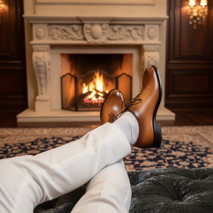 MERRIMIUM Brown leather shoes with white socks on a foot, in front of a fireplace.