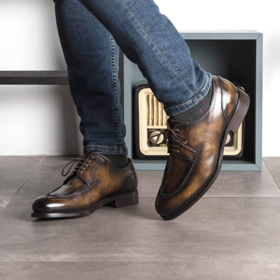 Men's Derby Split Toe Shoes Patina Leather Goodyear Welt Brown 5705 2- MERRIMIUM
