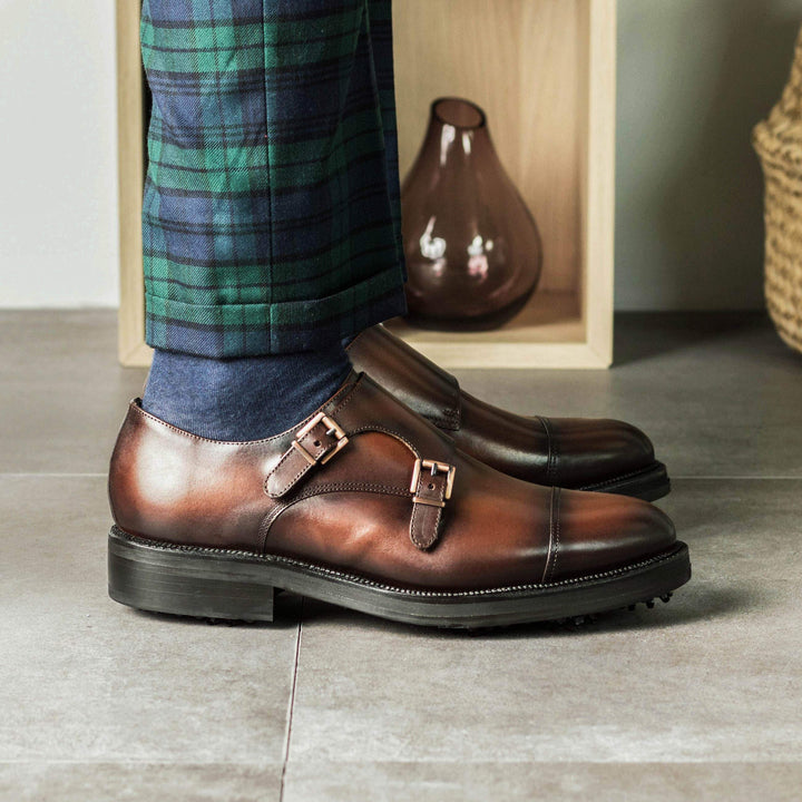 Men's Double Monk Golf Shoes Leather Goodyear Welt Brown 5341 5- MERRIMIUM