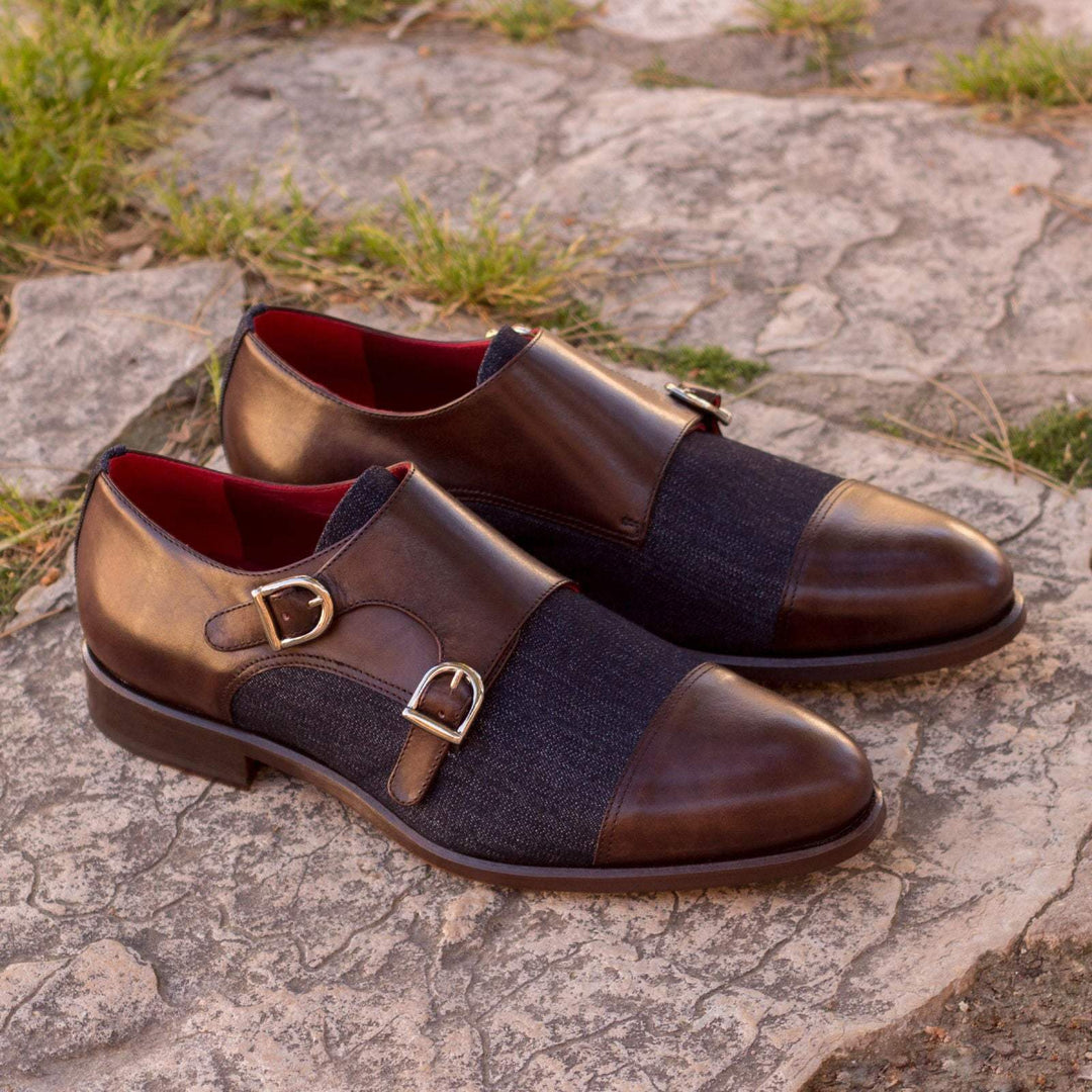 Men's Double Monk Shoes Leather Blue Dark Brown 2025 1- MERRIMIUM--GID-1365-2025