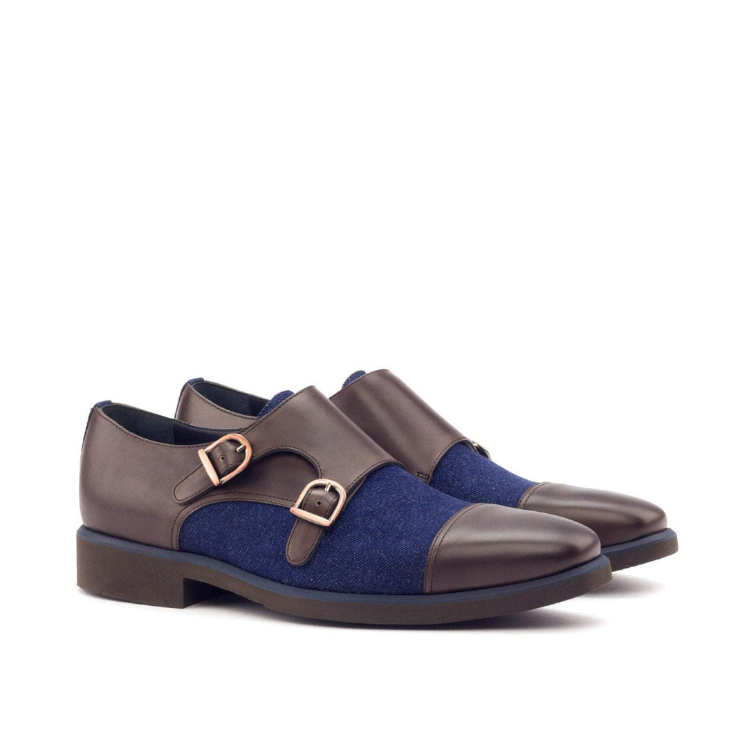 Men's Double Monk Shoes Leather Blue Dark Brown 2995 3- MERRIMIUM