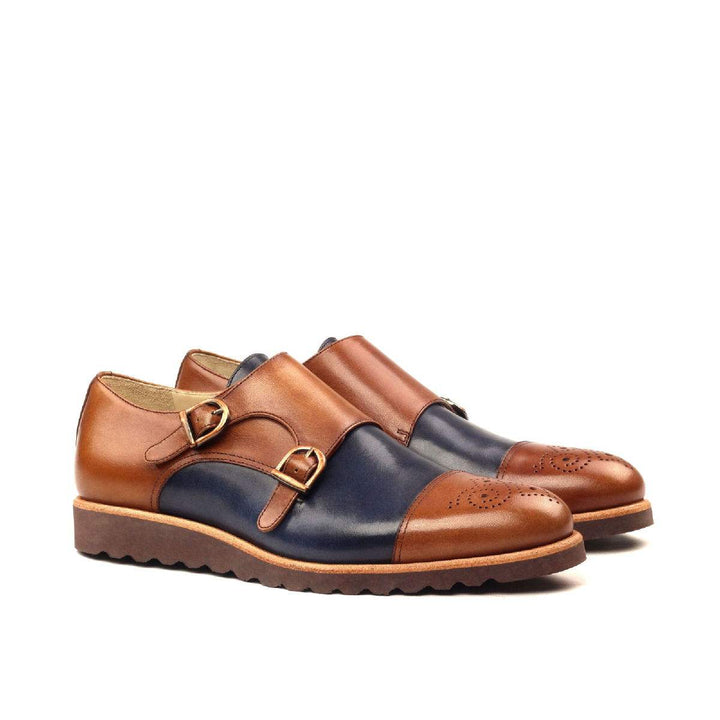 Men's Double Monk Shoes Leather Brown Blue 2414 3- MERRIMIUM
