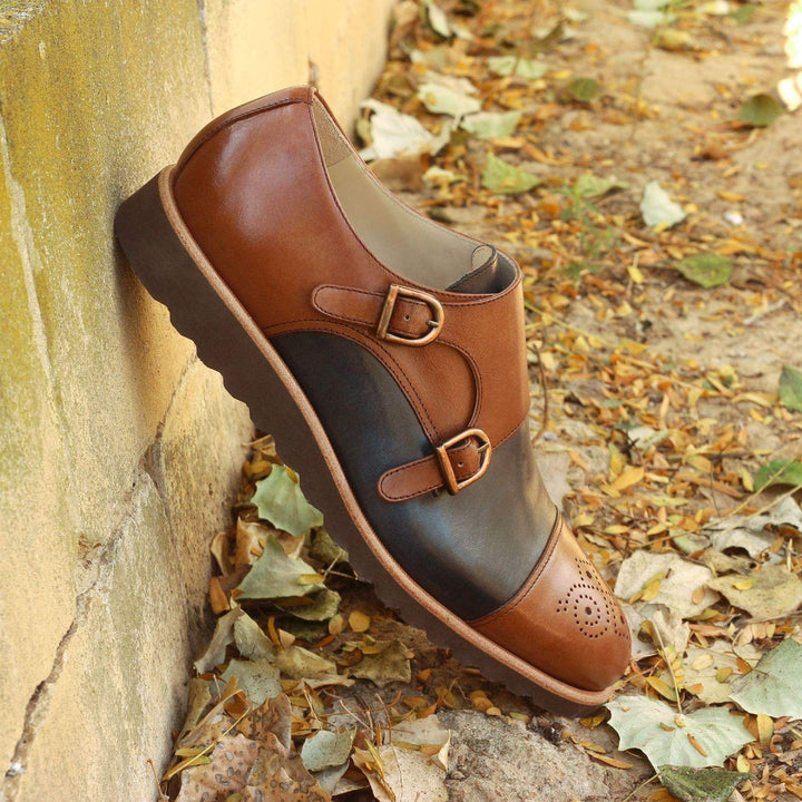 Men's Double Monk Shoes Leather Brown Blue 2414 1- MERRIMIUM--GID-1365-2414