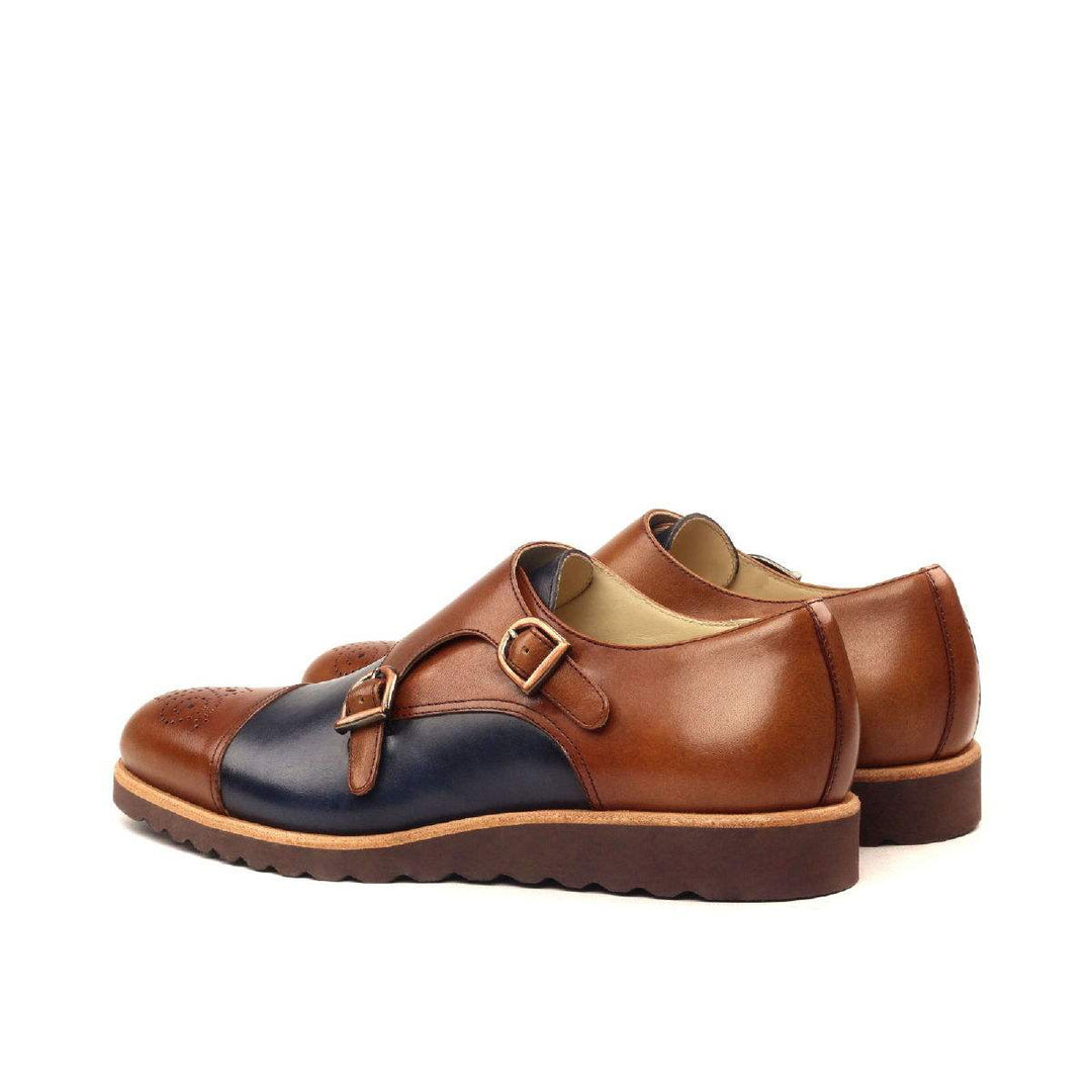Men's Double Monk Shoes Leather Brown Blue 2414 4- MERRIMIUM