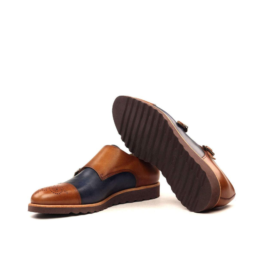 Men's Double Monk Shoes Leather Brown Blue 2414 2- MERRIMIUM