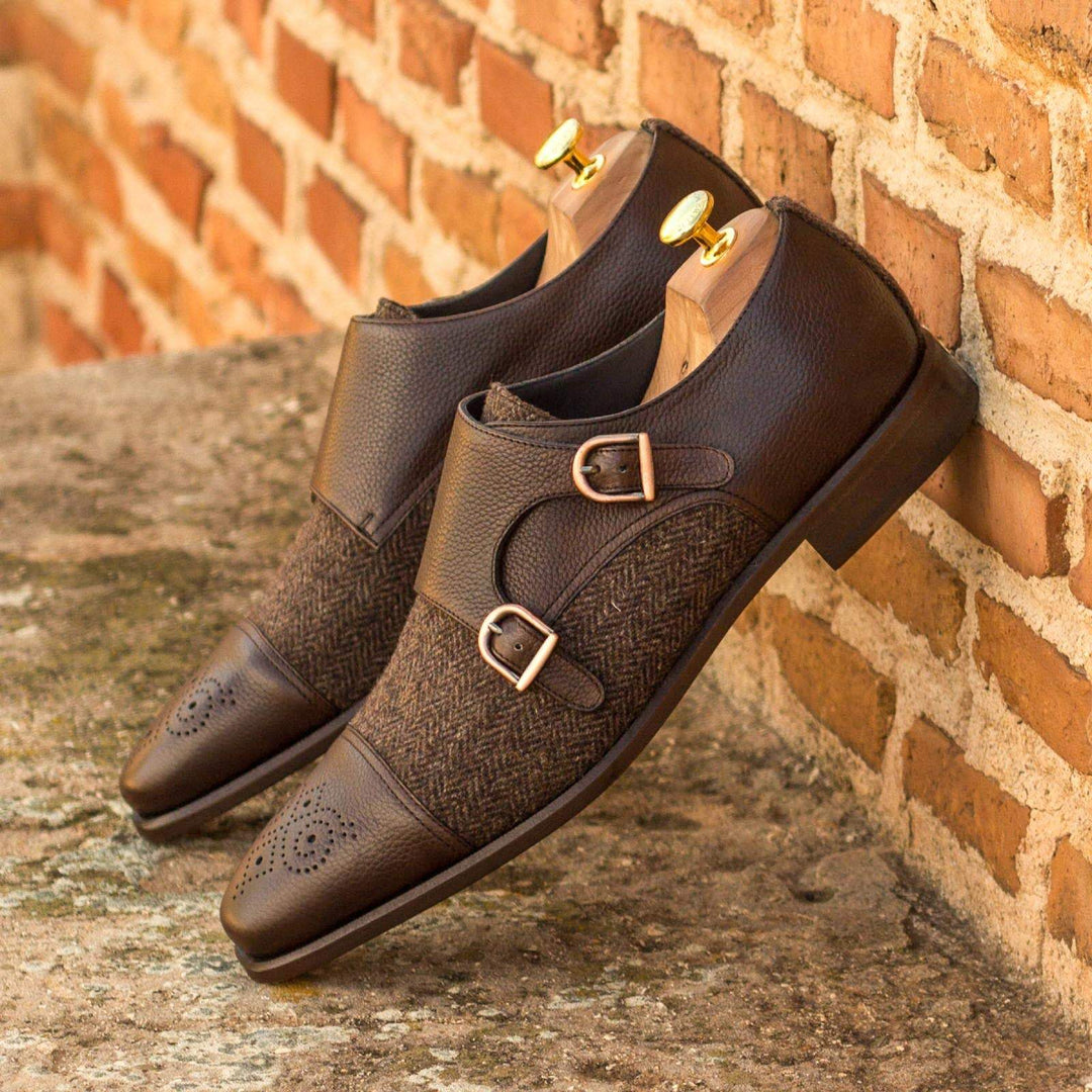 Men's Double Monk Shoes Leather Brown Dark Brown 3095 1- MERRIMIUM--GID-1363-3095