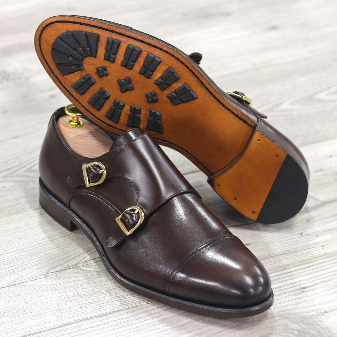 Men's Double Monk Shoes Leather Dark Brown 1852 1- MERRIMIUM--GID-1365-1852